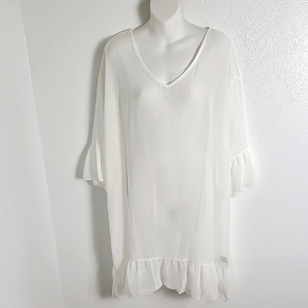 Shein White SHEER Cover-up, Ruffle Hem, Bell Sleeves, Tie Loophole on Back, OSFM